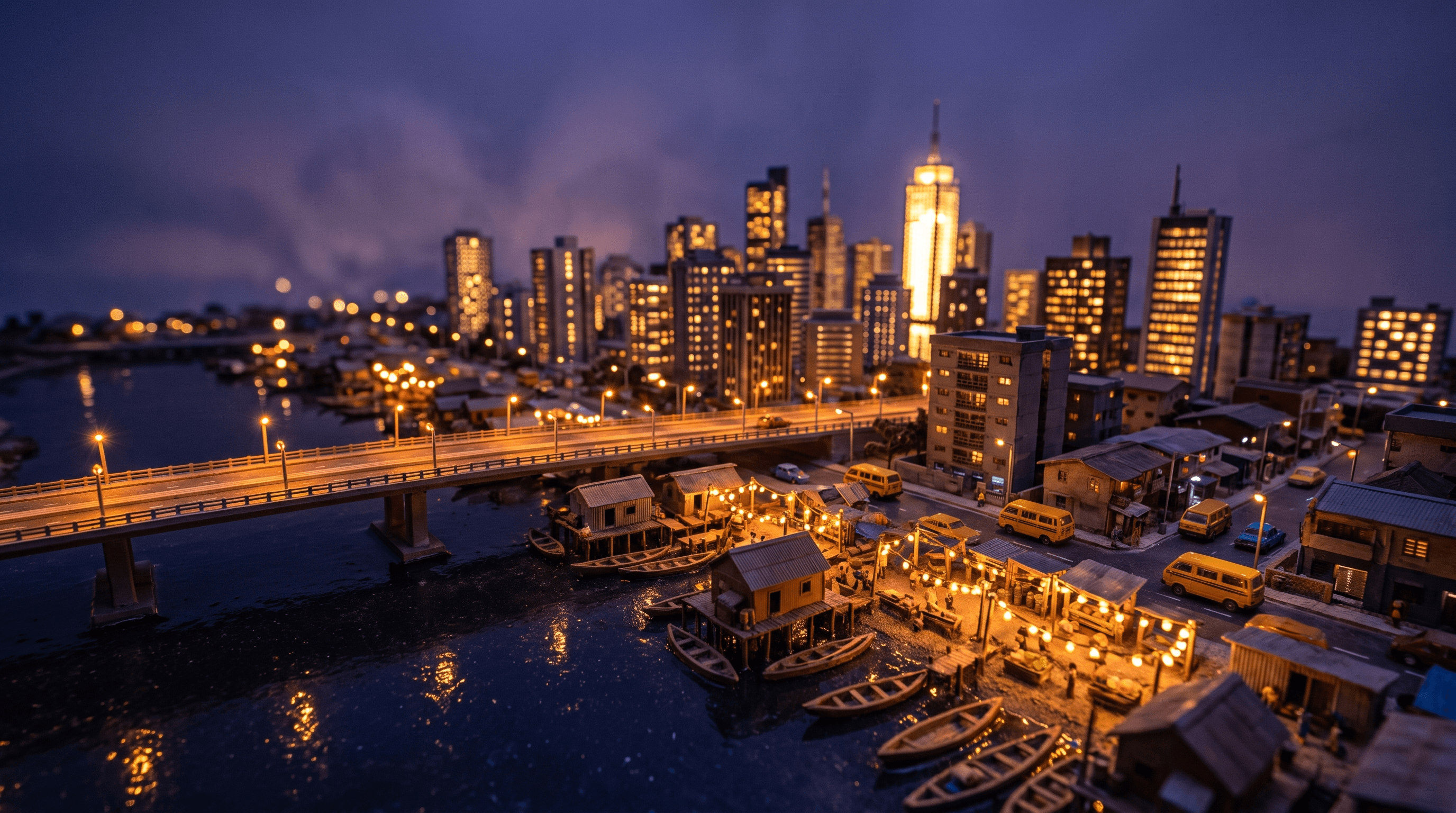 Miniature diorama of Lagos at night — bridge, market lights, skyline